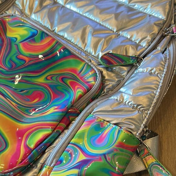 Anthropologie x Bari Lynn Neon Rainbow Swirl Silver Puffer Backpack-NEW main image 5